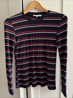 Frame Denim Navy Ribbed Long Sleeve Tee with Red and White Stripes